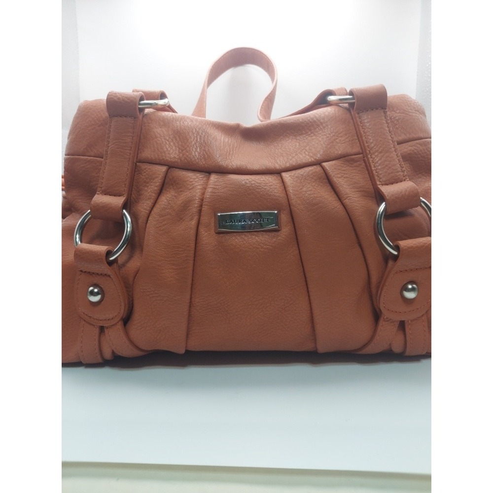 Laura Scott Women's Brown/Rust Faux Leather Shoulder Bag Top Handle Accent Read!